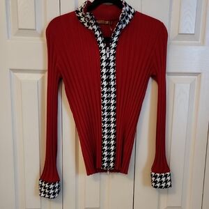 Red Ribbed Cardigan with Houndstooth Trim